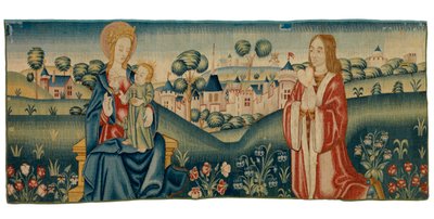 Frammento di arazzo di mille fleurs raffigurante San Benedetto che presenta il suo cuore alla Vergine Maria da European School