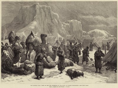 La guerra afgana, campo del 3° Goorkhas nella neve a Sultan Mohammed (incisione) da European School