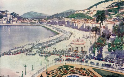 Praia da Lapa e Praca da Gloria, scorcio della parata militare del 15 novembre, anniversario della fondazione della Repubblica del Brasile (litografia a colori) da European School
