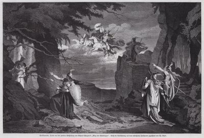La cavalcata delle Valchirie, scena da Die Walkure, la seconda opera di Der Ring des Nibelungen di Richard Wagner, eseguita al Teatro Nazionale, Monaco da European School