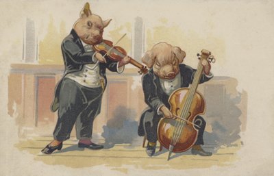 Due maiali che suonano strumenti musicali (litografia a colori) da European School