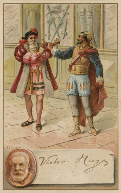 Victor Hugo, autore francese, e una scena dalla sua opera Hernani (1830) da European School