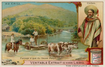 Vista di un Cavaliere e Carro Trainato da Buoi che Guada il Fiume Maipo e il Ritratto di un Uomo Cileno da European School