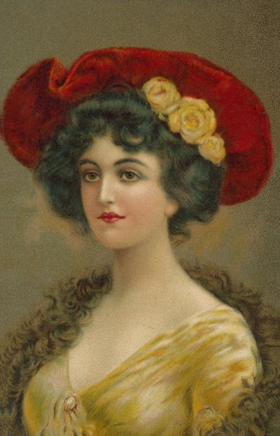 Donna con cappello edoardiano (litografia a colori) da European School