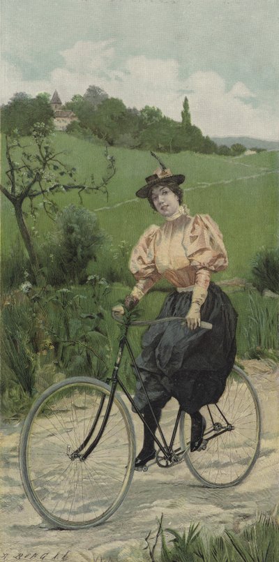 Donna che va in bicicletta su una strada di campagna (litografia a colori) da European School