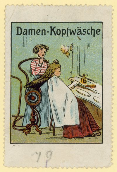 Macchina per il lavaggio dei capelli da donna (litografia a colori) da European School