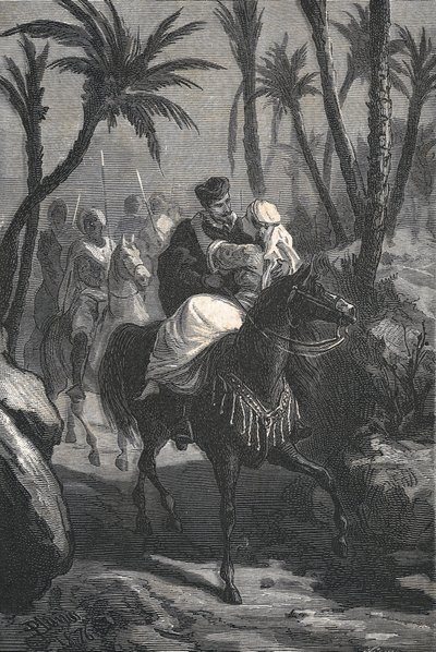 Cervantes cavalca un cavallo con una donna in un