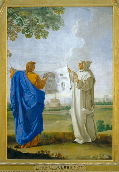San Bruno che esamina un disegno delle terme di Diocleziano, futura sede della Certosa di Roma ... da Eustache (studio of) Le Sueur