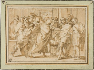 Scena dalla storia romana, con figura drappeggiata che presenta un libro al sovrano da Eustache Le Sueur