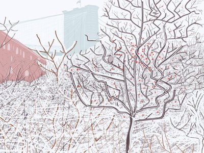 Uccello nella neve, Brooklyn Bridge Park (arte digitale) da Evan Sklar