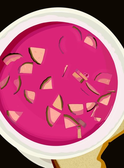 Ciotola di Borscht con cetriolo a fette e pane.jpg, c.2020-24 (arte digitale) da Evan Sklar