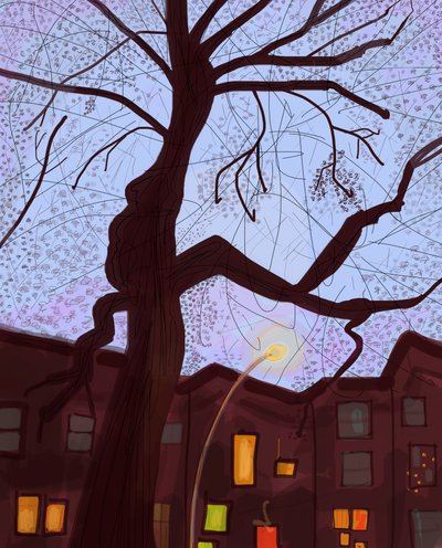 Brooklyn Brownstone Street At Dusk, 2016 (disegnato a mano su un iPad con una matita Apple) da Evan Sklar