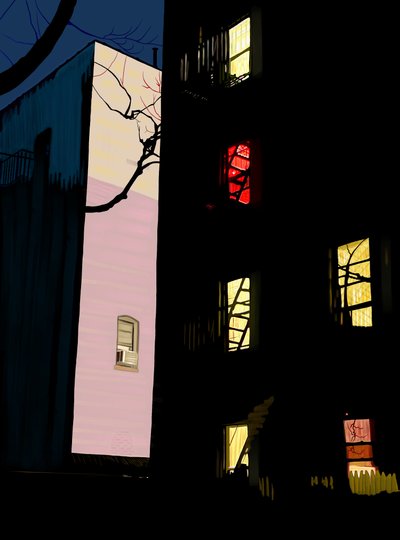 Finestre colorate di condomini di notte Brooklyn (arte digitale) da Evan Sklar