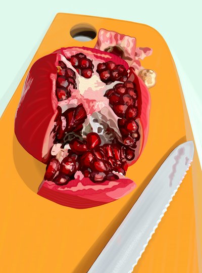 Melograno e Kife tagliati su tagliere (arte digitale) da Evan Sklar
