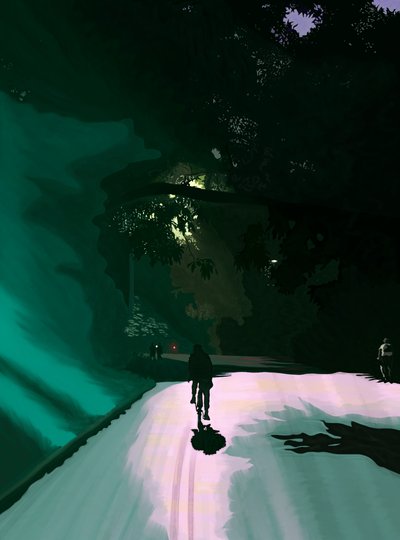 Ciclista a Nght, Prospect Park, Brooklyn, 2020-24 circa (arte digitale) da Evan Sklar