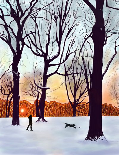 Cane nella neve, Brooklyn (arte digitale) da Evan Sklar