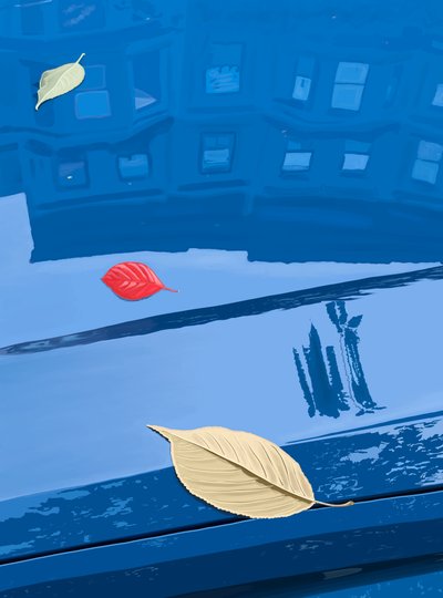 Foglie cadute su auto blu, Brooklyn (arte digitale) da Evan Sklar