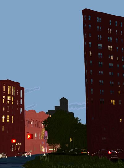 Grand Army Plaza al tramonto, 2020-24 circa (arte digitale) da Evan Sklar
