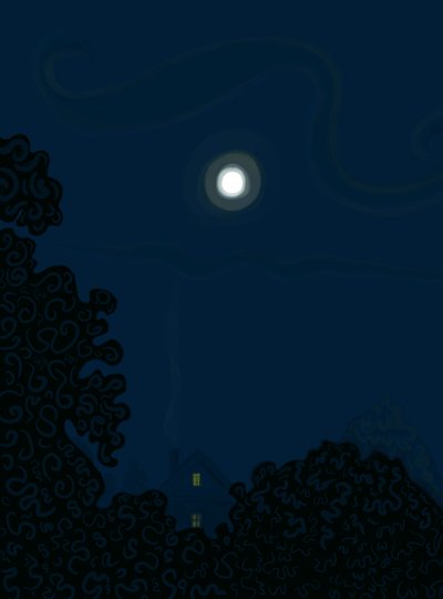 Casa con timpano e luna di notte ombre di alberi (arte digitale) da Evan Sklar