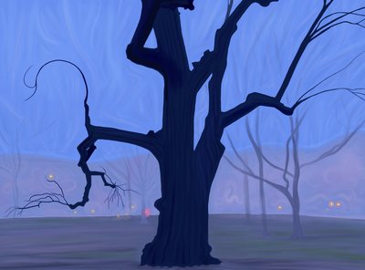 Grande albero blu da solo in un campo nella nebbia del mattino al crepuscolo di Brooklyn (arte digitale) da Evan Sklar