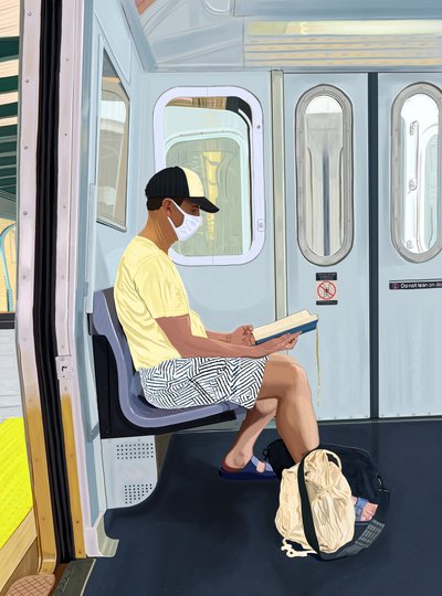 Uomo in pantaloncini spogliato che legge un libro in metropolitana, 2020-24 circa (arte digitale) da Evan Sklar
