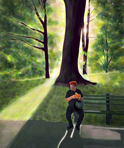 Uomo che legge nel parco, Brooklyn (arte digitale) da Evan Sklar