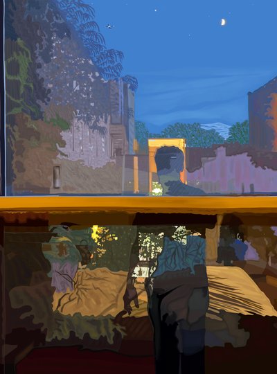 Uomo riflesso nella finestra della camera da letto di notte (arte digitale) da Evan Sklar