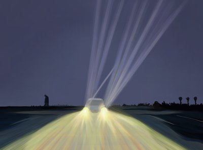 Uomo che cammina nel parcheggio di Lighthouse Beach di notte, Chatham, Mass (arte digitale) da Evan Sklar
