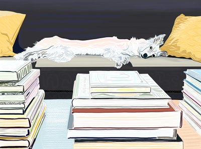 Minnie sul divano con i libri, 2020-24 circa (arte digitale) da Evan Sklar