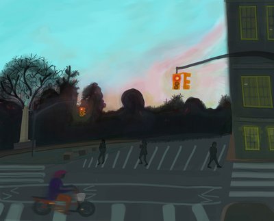Scooter arancione, Grand Army Plaza, Brooklyn, 2016 (disegnato a mano su un iPad con una matita Apple) da Evan Sklar