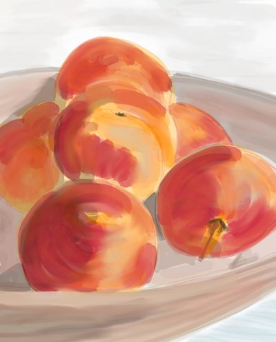 Peaches In Bowl, 2016 (disegnato a mano su iPad con una matita Apple) da Evan Sklar