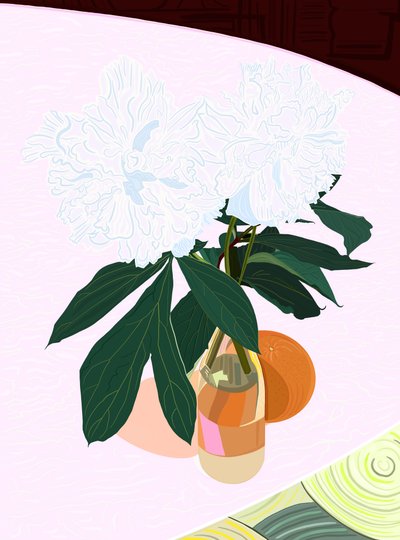 Peonia e pompelmo, 2020-24 circa (arte digitale) da Evan Sklar