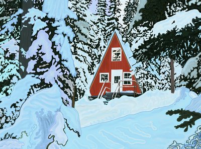 Rosso, una casa a telaio nella neve di notte (arte digitale) da Evan Sklar