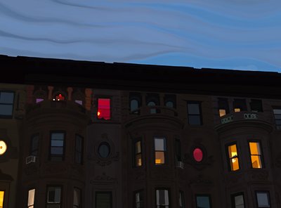 Case a schiera con finestre colorate e illuminate, Brooklyn (arte digitale) da Evan Sklar