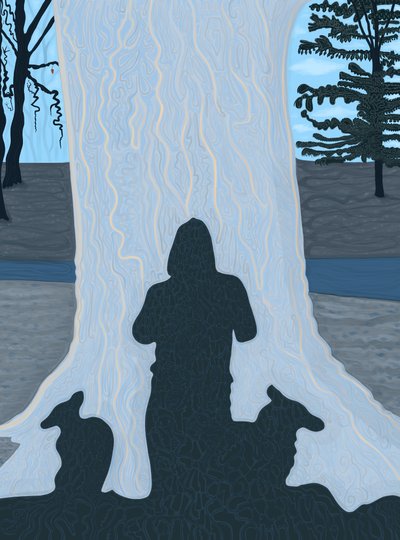 Ombra di uomo e cani su un grande tronco d