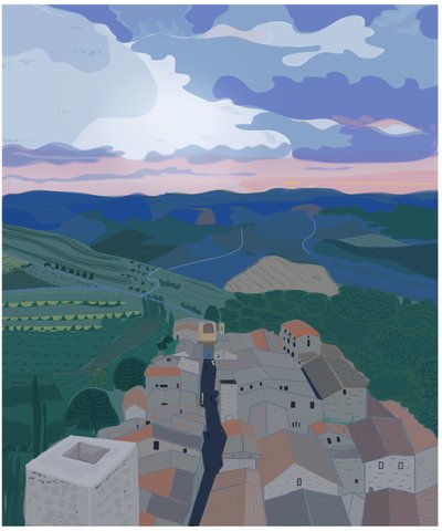 Piccolo villaggio in Toscana, 2015 (disegnato a mano su un iPad con una matita Apple) da Evan Sklar