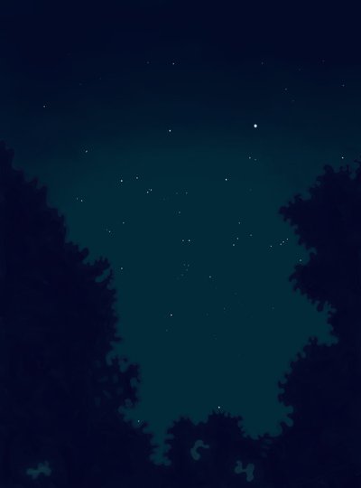 Stelle nel cielo di notte e profilo di alberi (arte digitale). da Evan Sklar