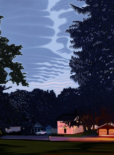 Strada e case con grandi alberi a Hamilton, New York, al tramonto (arte digitale) da Evan Sklar