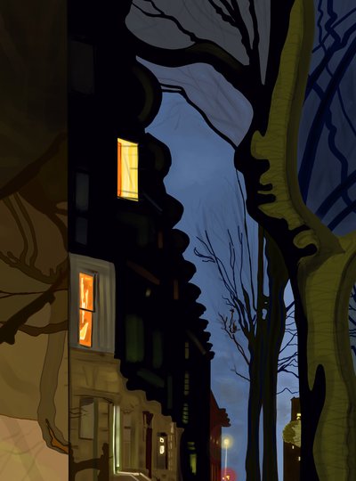 Strada e piani degli edifici di notte (arte digitale) da Evan Sklar