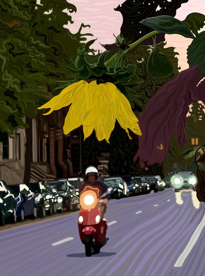 Girasole e uomo che guida lo scooter rosso (arte digitale) da Evan Sklar