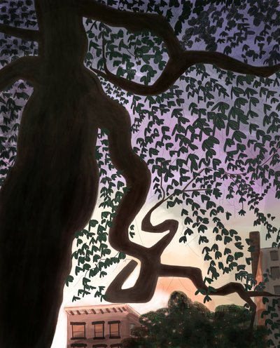 Albero e viale al tramonto, 2016 (disegnato a mano su iPad con una matita Apple) da Evan Sklar