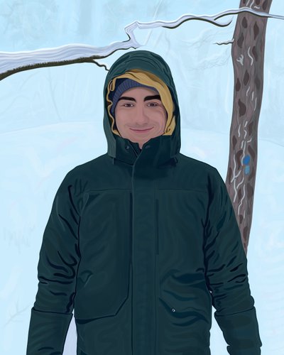 Giovane uomo con parka verde nella neve (arte digitale) da Evan Sklar