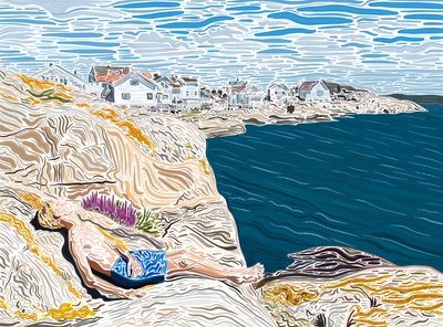 Giovane uomo al mare in estate che prende il sole sulle rocce. (arte digitale) da Evan Sklar
