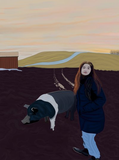 Giovane donna e maiale, 2020-24 circa (arte digitale) da Evan Sklar