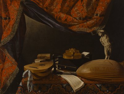 Natura morta con strumenti musicali, libri e scultura, c. 1650 da Evaristo Baschenis