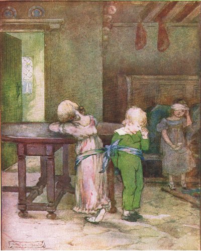 Ha preso il suo fazzoletto blu e ha legato Lucy e Henry al tavolo (dalla storia Un giorno infelice), illustrazione da A Staircase of Stories pubblicata da Thomas Nelson & Sons Ltd anni 