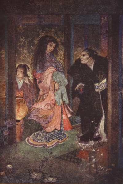Shinzaburo riconobbe Tsuyu e la sua cameriera Yone, illustrazione da 