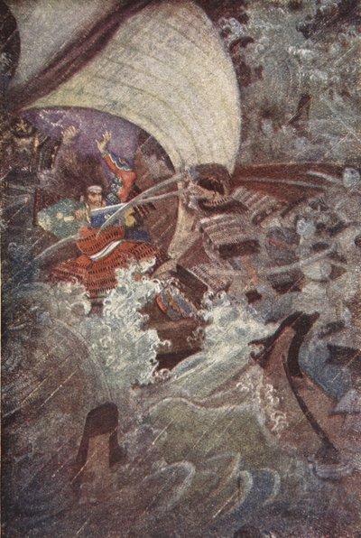 Yoshitsune e Benkei attaccati da una compagnia spettrale del Clan Taira, illustrazione da 