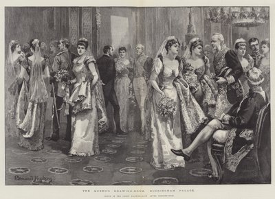 La sala del disegno della Regina, Buckingham Palace, scena nella sala verde dopo la presentazione da Everard Hopkins