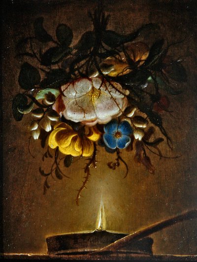 Natura morta con un bouquet di fiori appeso vicino a una candela da Evert van Aelst